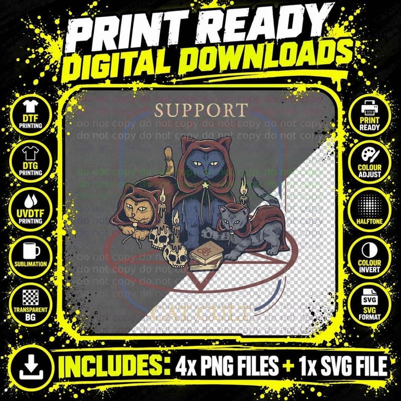 Retro Occult Cat Cult T-Shirt, Vintage Gothic Print Png SVG Digital Bundle
