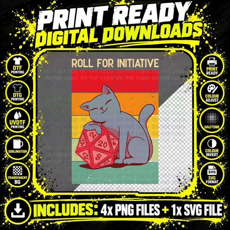 Roll for Initiative D20 Dice Cat Dice Dungeons Lover Png SVG Digital Bundle