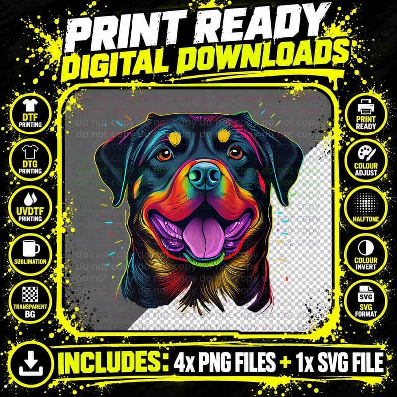Rottweiler Colorful Dog T-Shirt, Pop Art Style Png SVG Digital Bundle