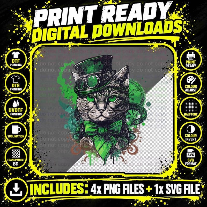 Saint Patrick's Day Cat with Steampunk Goggles Png SVG Digital Bundle