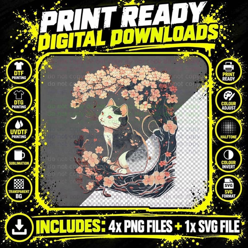 Sakura Cat Blossom Graphic T-Shirt, Japanese Art Png SVG Digital Bundle