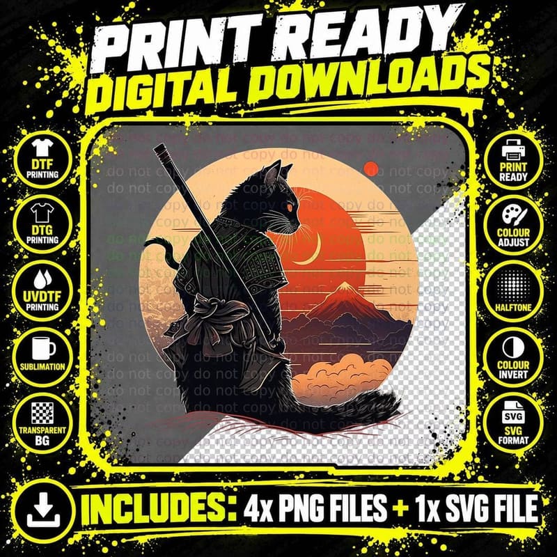 Samurai Cat T-Shirt, Vintage Japanese Sunset Png SVG Digital Bundle