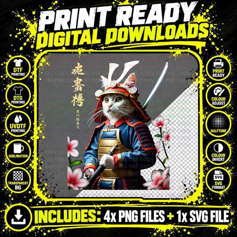 Samurai Cat Tshirt, Japanese Cat Art Aesthetic Png SVG Digital Bundle