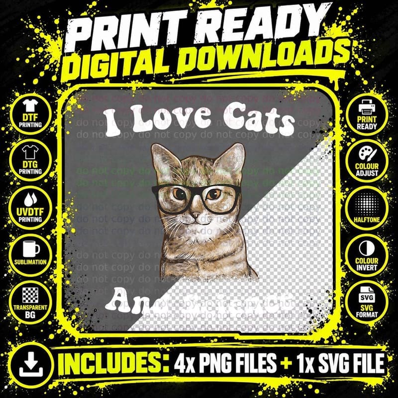 Science Cat T-Shirt, Nerdy Animal Print Png SVG Digital Bundle