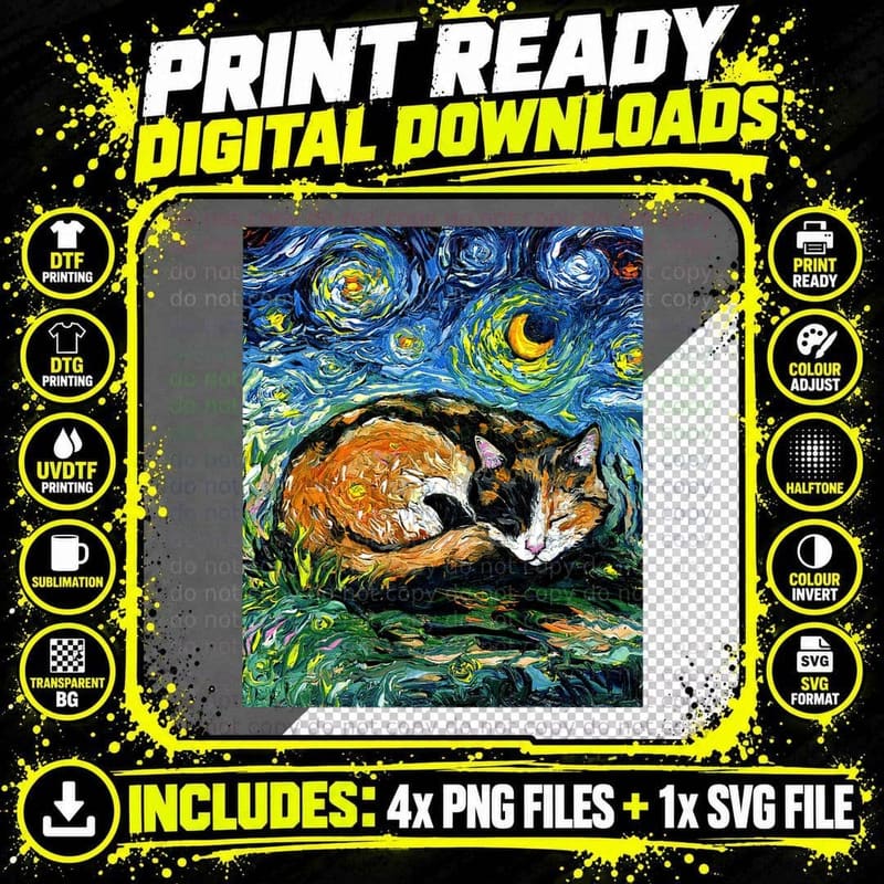 Sleeping Calico Cat Starry Night T-Shirt Png SVG Digital Bundle