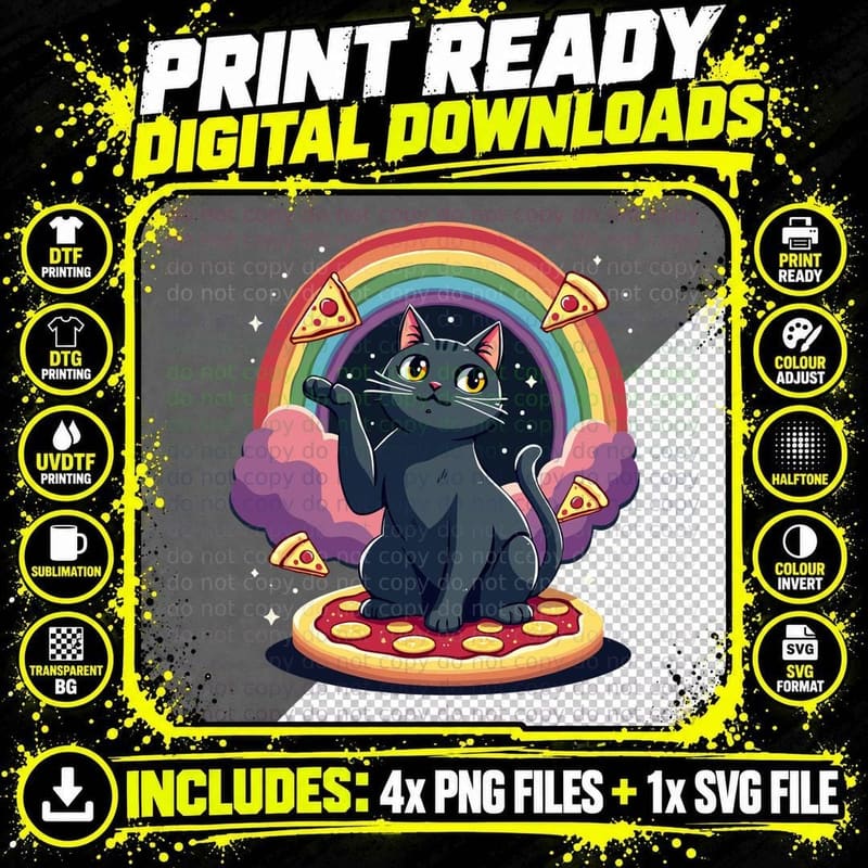 Space Black Cat Pizza Rainbow Cat Galaxy Cute Kitty in Png SVG Digital Bundle