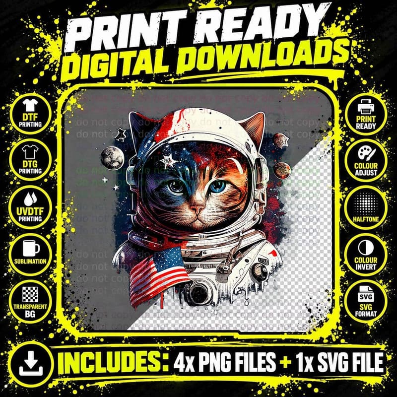 Space Cat Astronaut T-Shirt, Space Exploration Art Png SVG Digital Bundle