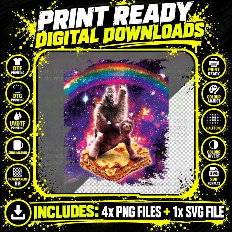 Space Cat Llama Sloth Riding Lasagne T-Shirt, Fantasy Art Png SVG Digital Bundle