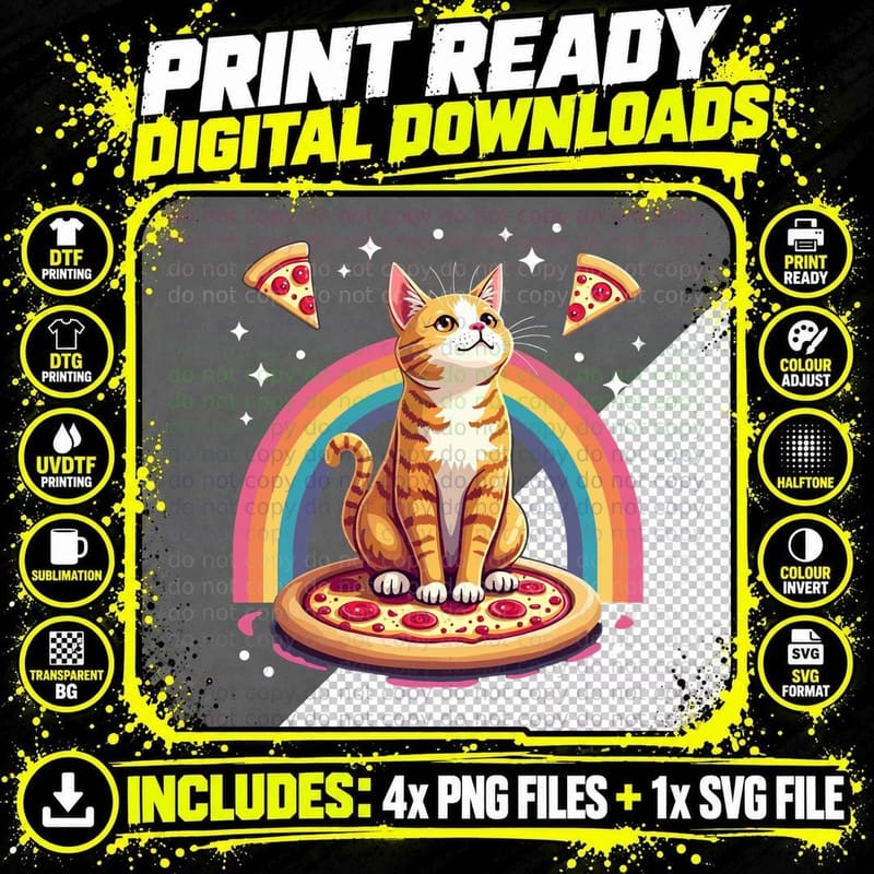 Space Cat Pizza Rainbow Cat Galaxy Cute Kitty in Space Png SVG Digital Bundle