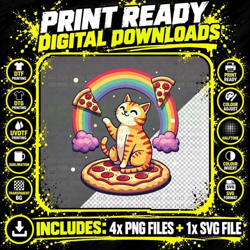 Space Cat Pizza Rainbow Cat Galaxy Cute Kitty in Space Png SVG Digital Bundle