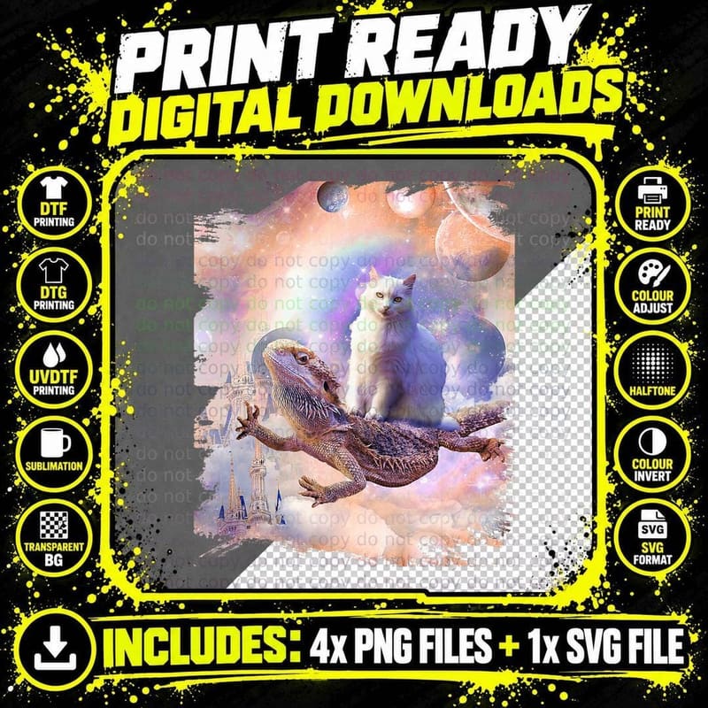 Space Cat Riding Bearded Dragon T-Shirt, Fantasy Art Png SVG Digital Bundle