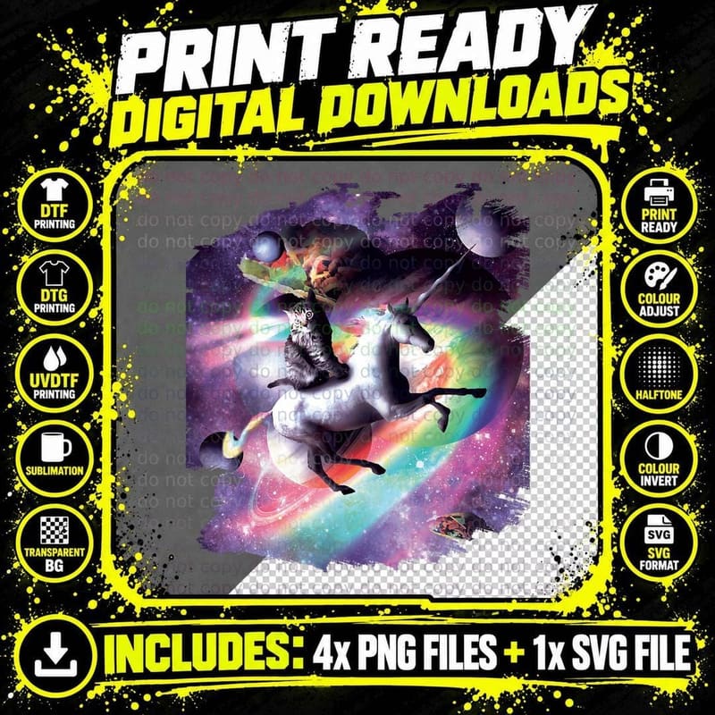 Space Cat Riding Unicorn T-Shirt, Fantasy Art Png SVG Digital Bundle
