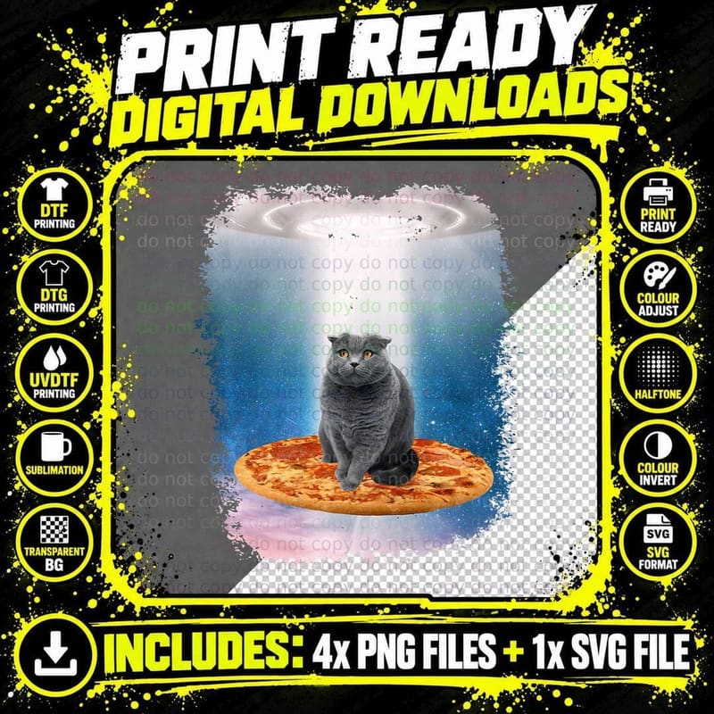 Space Cat UFO Pizza Cat Galaxy Funny Kitty in Space Png SVG Digital Bundle