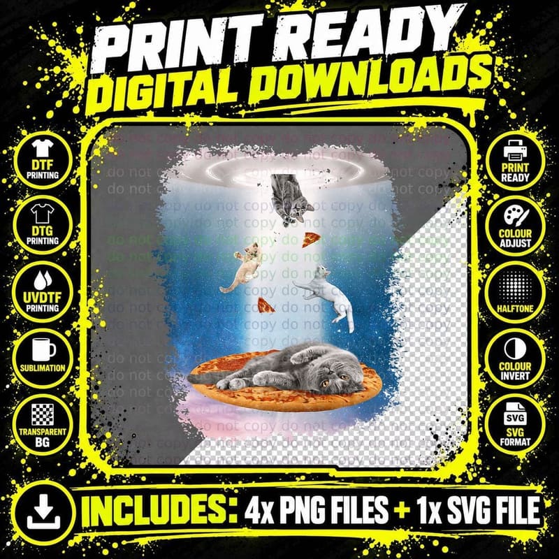 Space Cats UFO Pizza Cat Galaxy Funny Kitty in Space Png SVG Digital Bundle