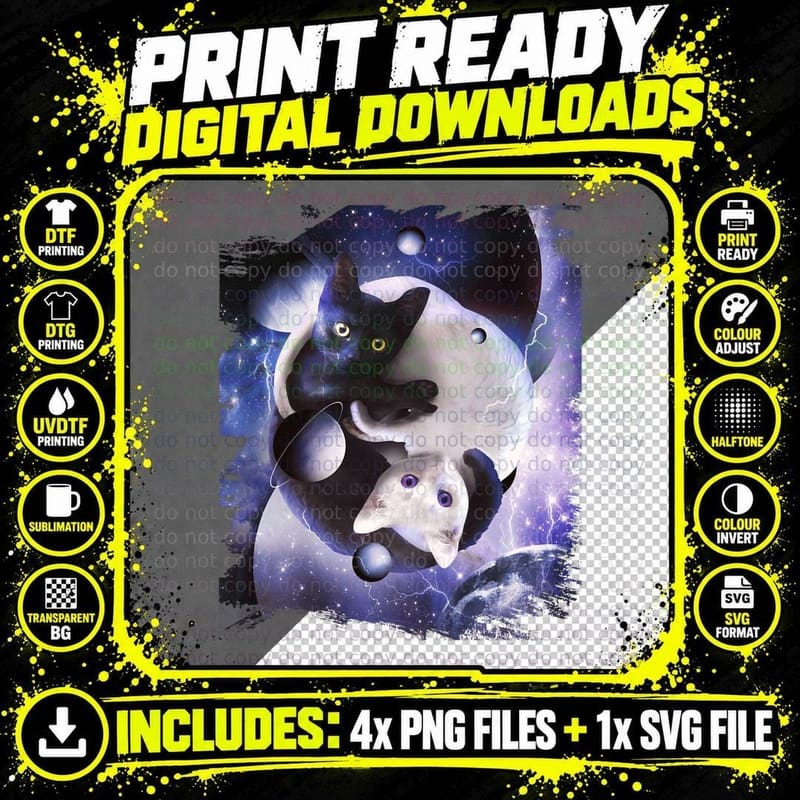 Space Yin Yang Cat T-Shirt, Cosmic Yin-Yang Kitty in Png SVG Digital Bundle