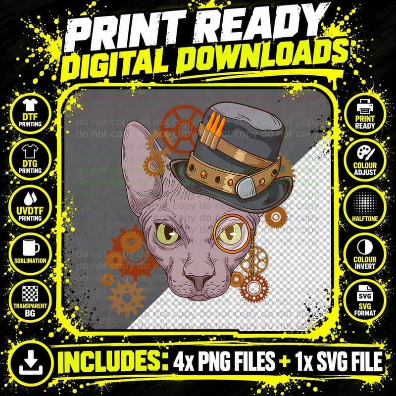 Sphynx Cat Steampunk T-Shirt, Victorian Style Png SVG Digital Bundle