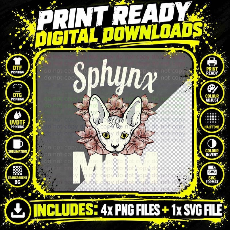 Sphynx Mom Cat Lover T-Shirt, Floral Botanical Png SVG Digital Bundle