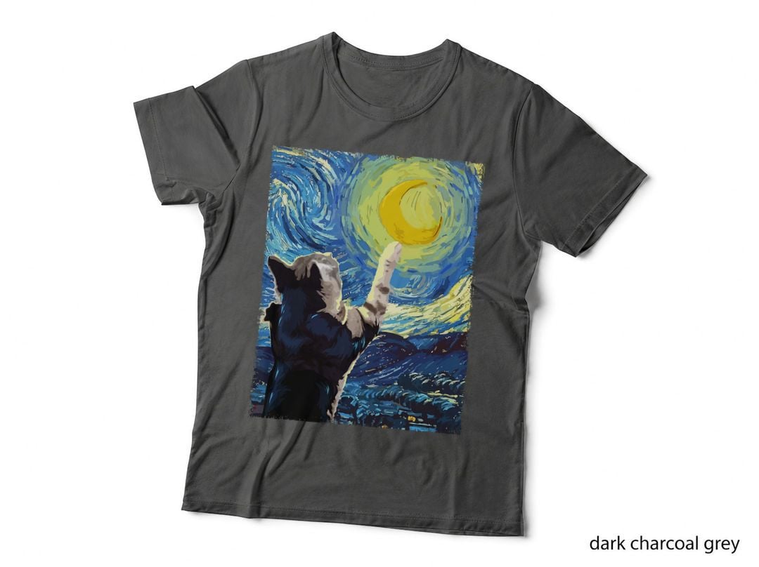 Starry Night Cat Painting Kitten T-Shirt, Van Gogh Style, Cat Mom Dad Gift