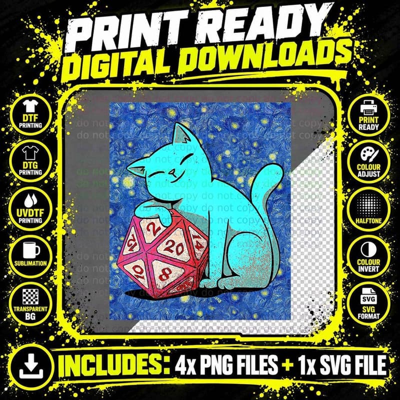 Starry Night Dungeons Dice Cat Role Playing T-Shirt Png SVG Digital Bundle