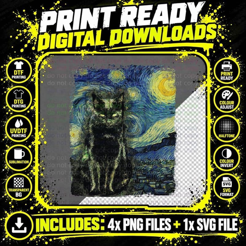 Starry Night Vincent Van Gogh Black Cat Painting T-Shirt Png SVG Digital Bundle