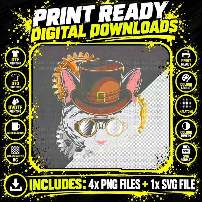 Steampunk Cat T-Shirt, Mechanical Retro Look Png SVG Digital Bundle