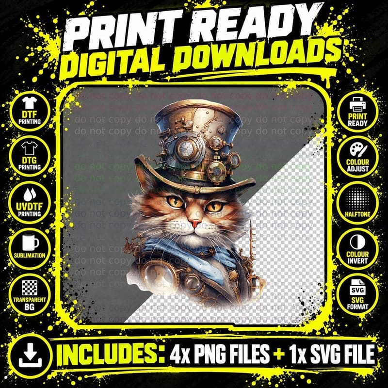 Steampunk Cat T-Shirt, Victorian Fantasy Png SVG Digital Bundle