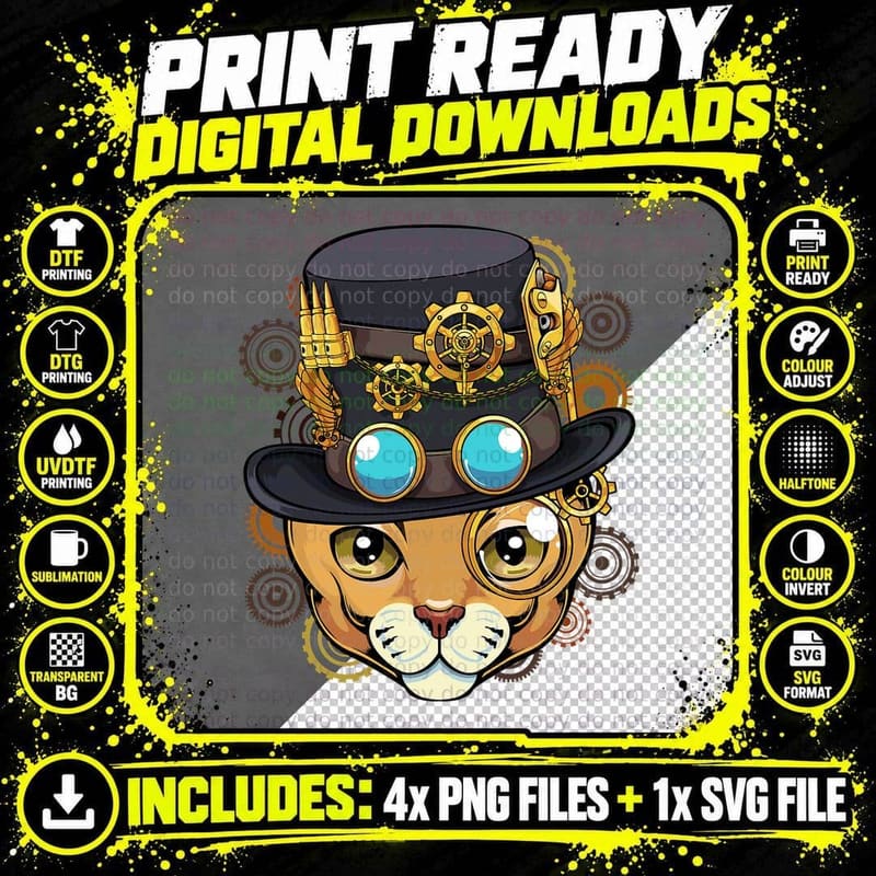 Steampunk Cat T-Shirt, Victorian Mechanical Print Png SVG Digital Bundle