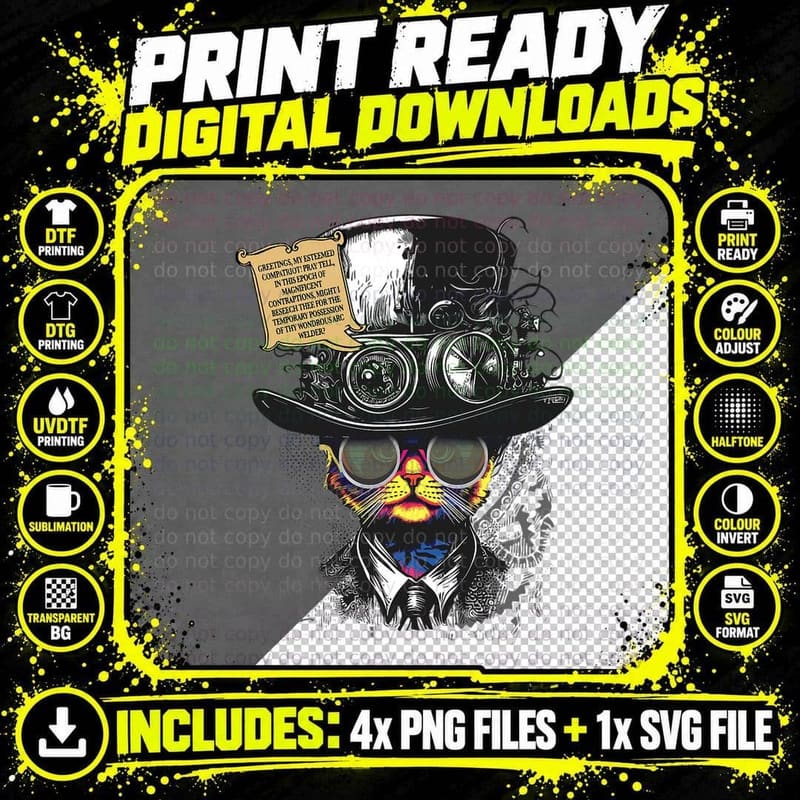 Steampunk Cat in Welding Goggles T-Shirt, Vintage Retro Png SVG Digital Bundle