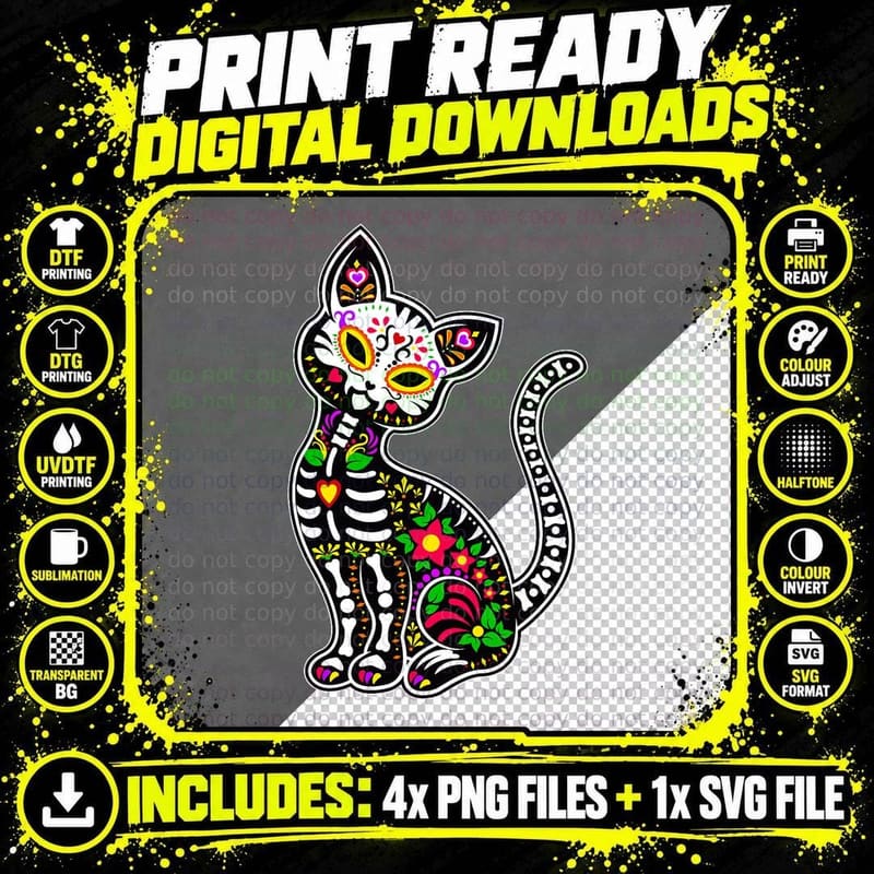 Sugar Skull Cat T-Shirt, Dia De Los Muertos Art Png SVG Digital Bundle