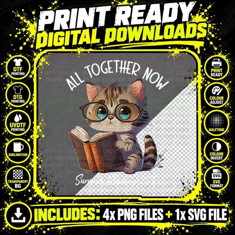 Summer Reading Cat T-Shirt, Kids Bookish Style Png SVG Digital Bundle