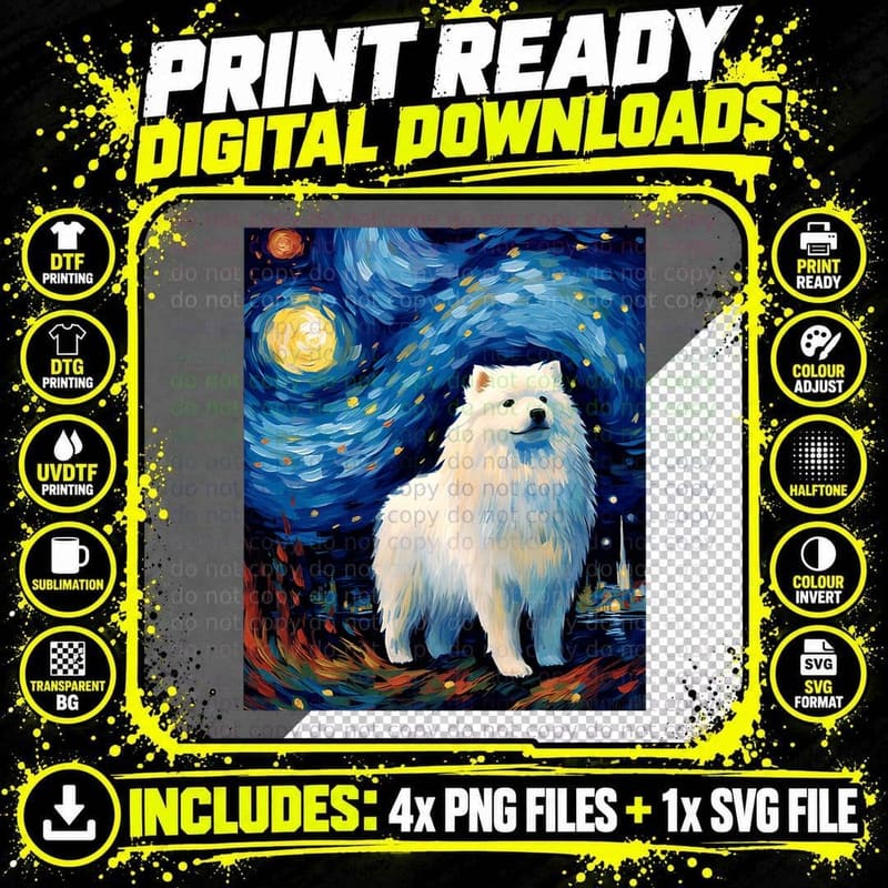 Surreal Starry Night Samoyed Dog T-Shirt Png SVG Digital Bundle
