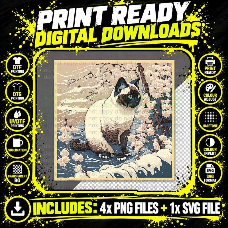 Surrealism Japanese Painting Snowshoe Cat T-Shirt Png SVG Digital Bundle
