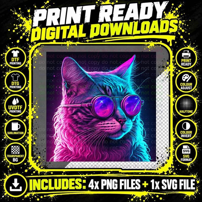 Synthwave Cat Vaporwave Cat with Sunglasses for Cat Png SVG Digital Bundle