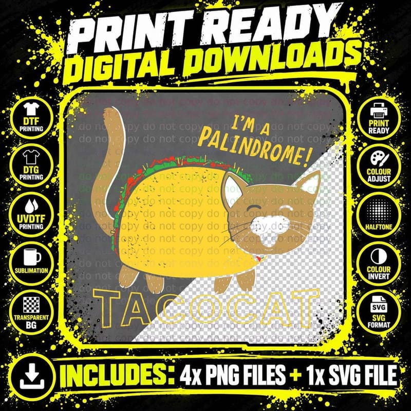 Taco Cat Palindrome T-Shirt, Funny Cat Design Png SVG Digital Bundle