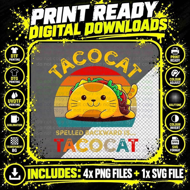 Taco Cat Spelled Backward T-Shirt, Vintage Retro Png SVG Digital Bundle