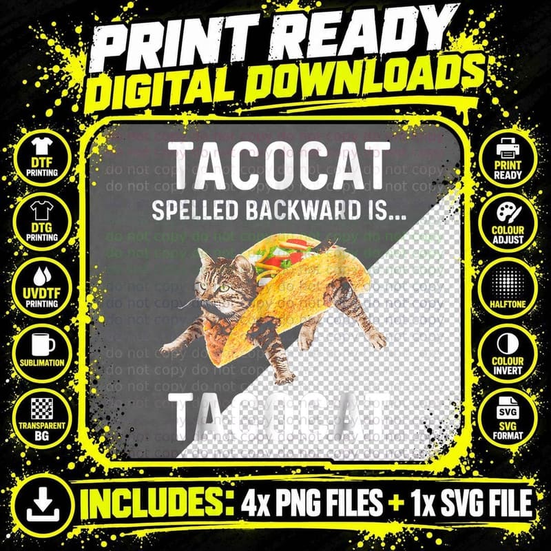 Tacocat Spelled Backward T-Shirt, Cat Lover Apparel Png SVG Digital Bundle
