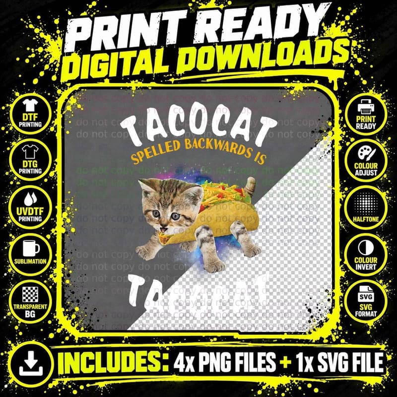 Tacocat Spelled Backwards Cat and Taco Lover T-Shirt Png SVG Digital Bundle
