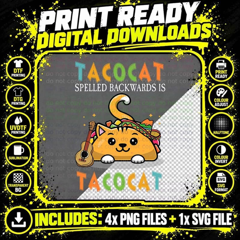 Tacocat Spelled Backwards T-Shirt, Quirky Cat and Taco Png SVG Digital Bundle