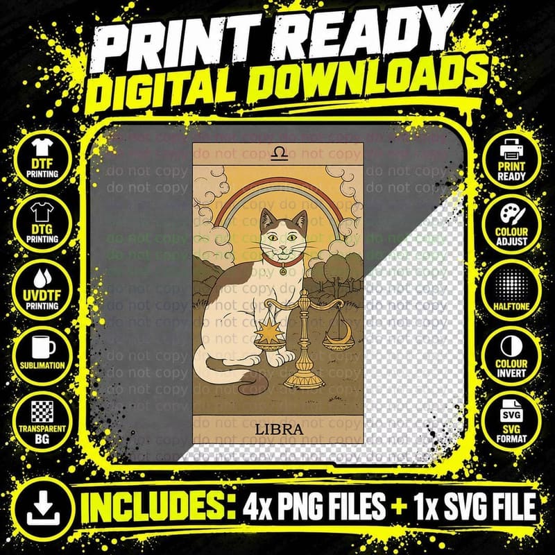Tarot Card Cat Libra Zodiac Sign Horoscope September Png SVG Digital Bundle
