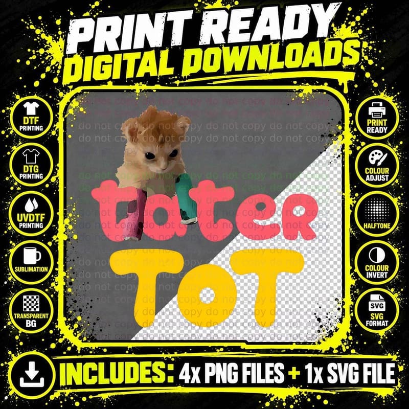 Tater Tot - Cute Cat Whimsical Animal Print Png SVG Digital Bundle