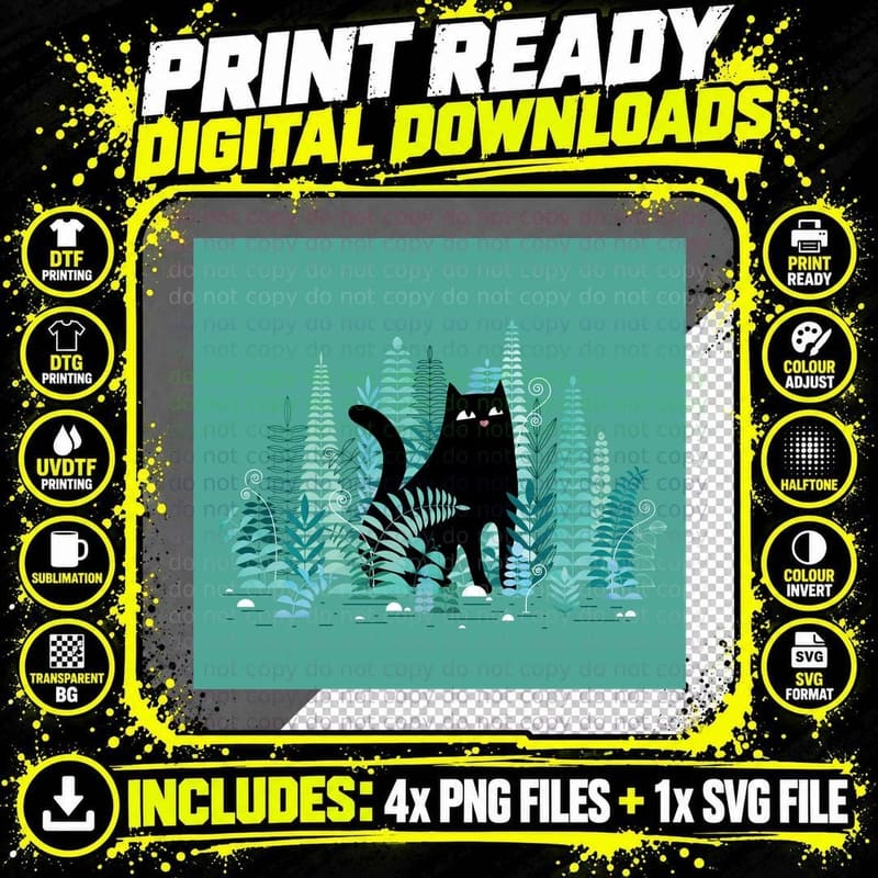 The Ferns (Black Cat on Green) T-Shirt Png SVG Digital Bundle