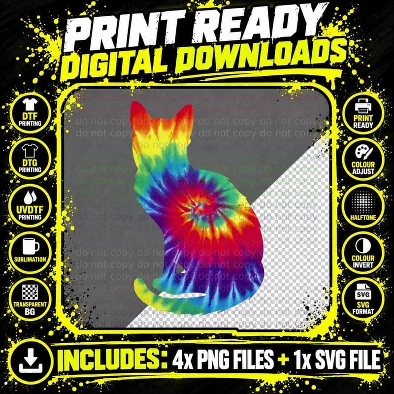 Tie Dye Cat T-Shirt, Colorful Swirl Print Png SVG Digital Bundle