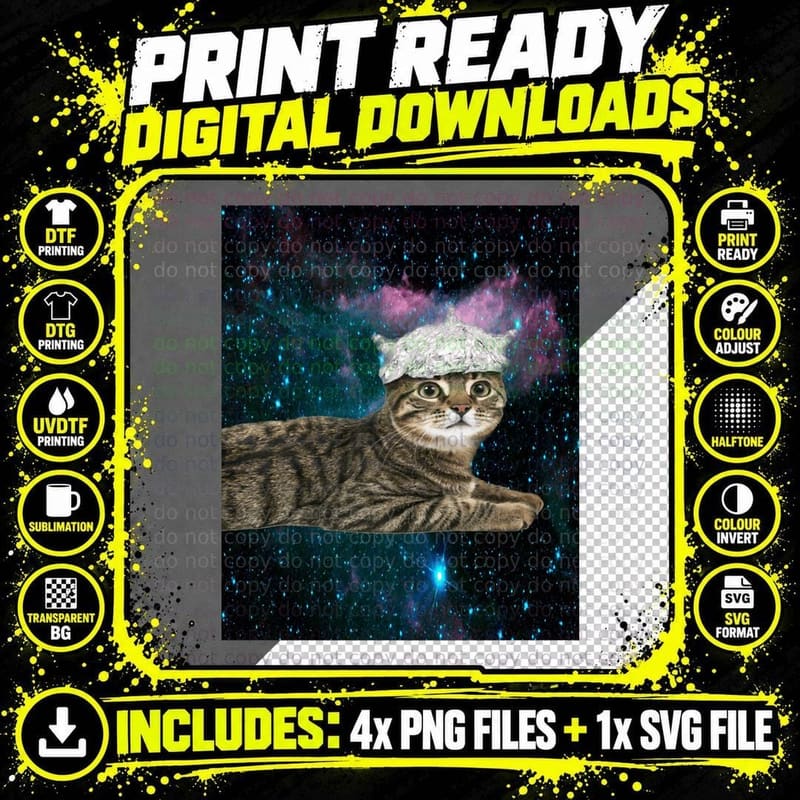 Tin Foil Hat Cat in Space Conspiracy Theory Funny Kitty Png SVG Digital Bundle