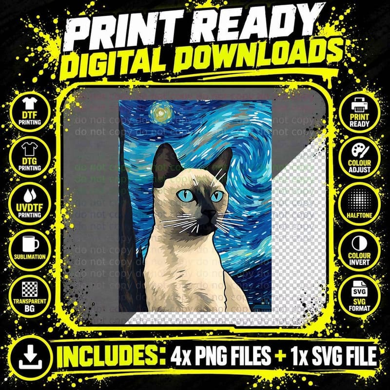 Tonkinese Cat Starry Night Painting Men Women Kids Png SVG Digital Bundle