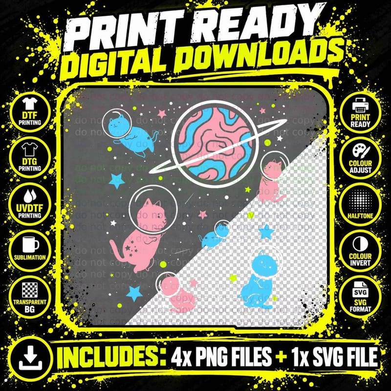 Transgender Cat in Space Transgender Pride T-Shirt Png SVG Digital Bundle