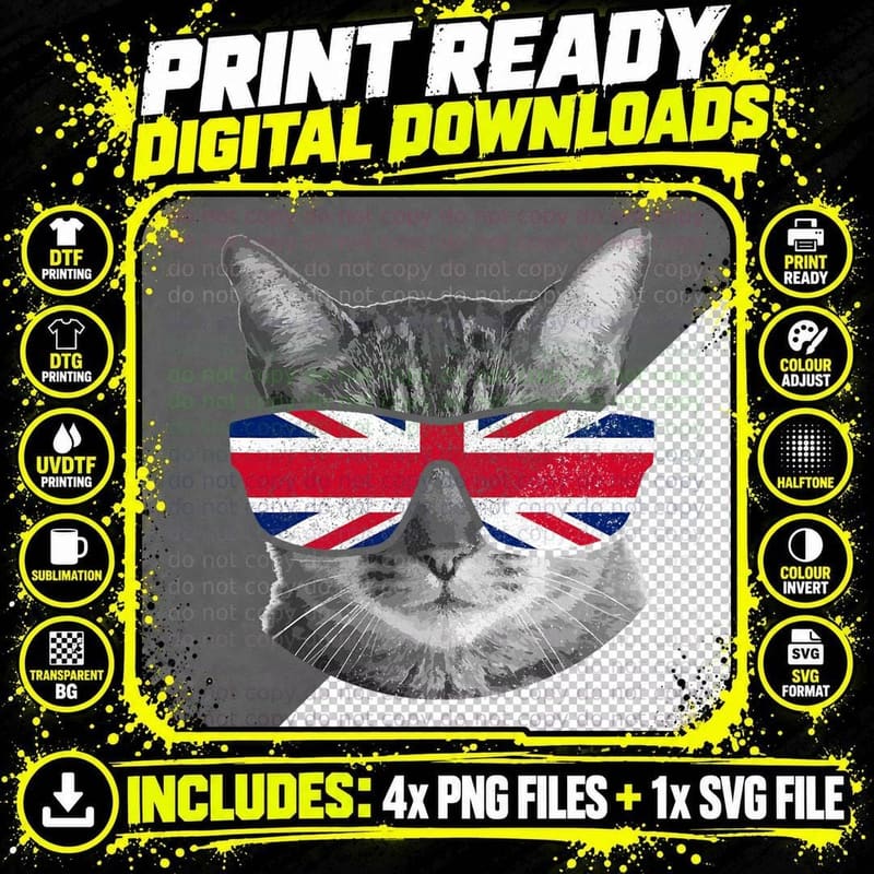 UK Cat Union Jack Flag T-Shirt, Patriotic Pet Apparel Png SVG Digital Bundle