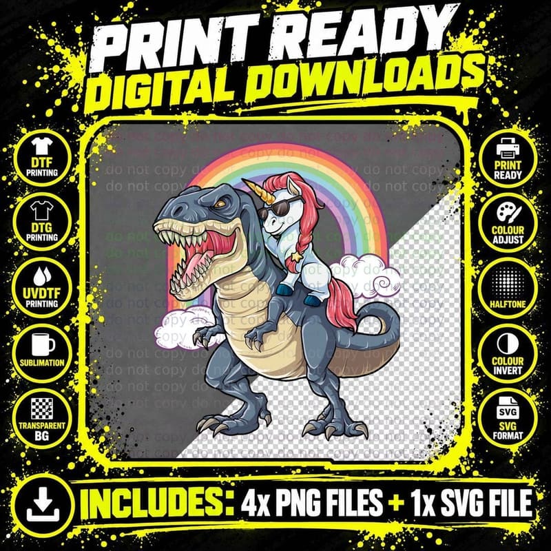 Unicorn Riding Dinosaur T-Rex Funny Unicorns Party Png SVG Digital Bundle