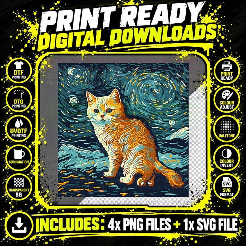 Van Gogh Cat Starry Night Cat Painting T-Shirt Png SVG Digital Bundle