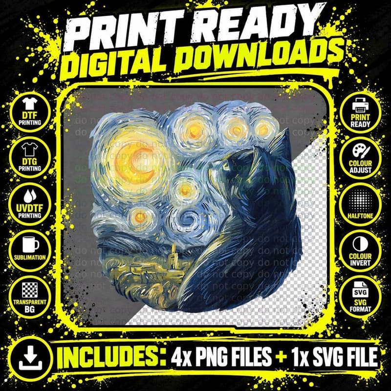 Van Gogh Cat Starry Night T-Shirt, Artistic Cat Print Png SVG Digital Bundle
