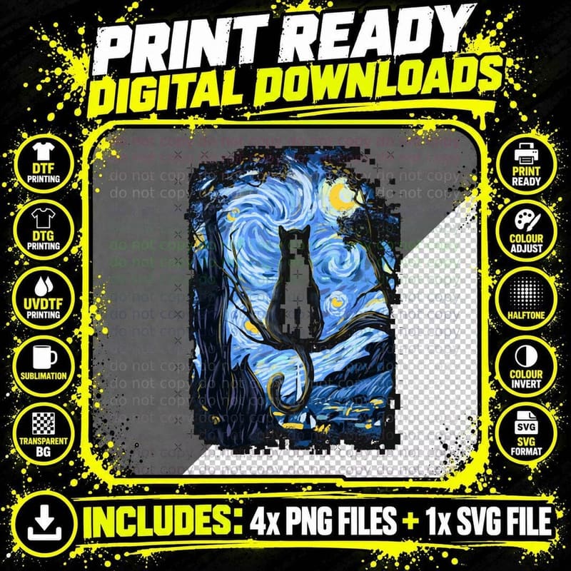 Van Gogh Cat Starry Night Van Gogh Cat Lovers T-Shirt Png SVG Digital Bundle